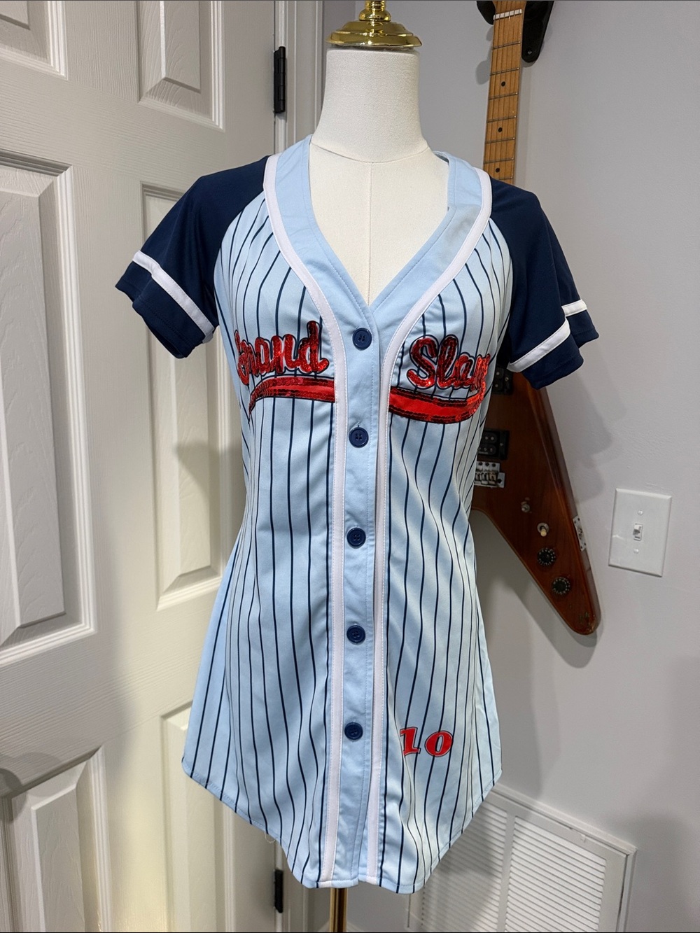 Vtg Y2K Dreamgirl Light Blue & Navy Pinstripe Baseball Dress with Red Script